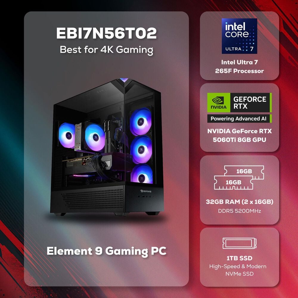 iBUYPOWER Element 9 Gaming Desktop PC | Intel Core Ultra 7 265F - 32GB RAM - NVIDIA GeForce RTX 5060Ti Graphics - 1TB SSD in Black, , large