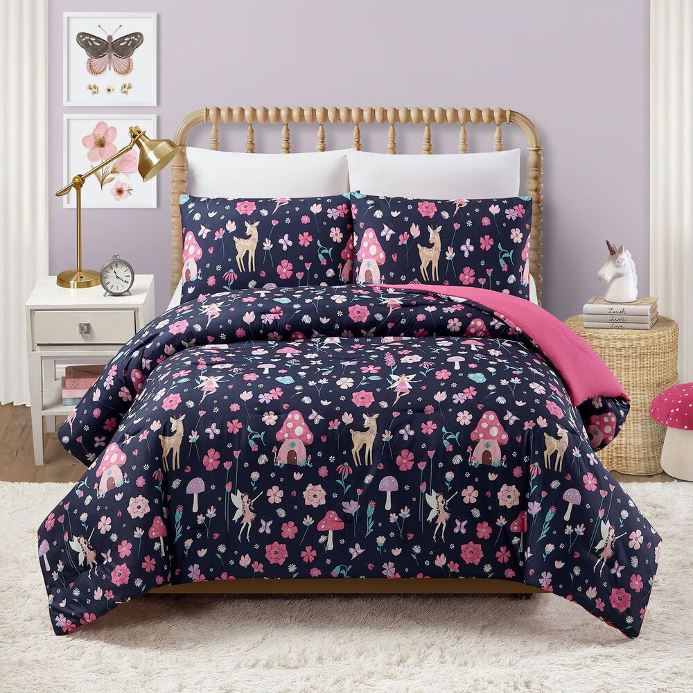 Peking Handicraft Fairy Garden 2-Piece Full/Queen Comforter Set in Navy and Pink, , large