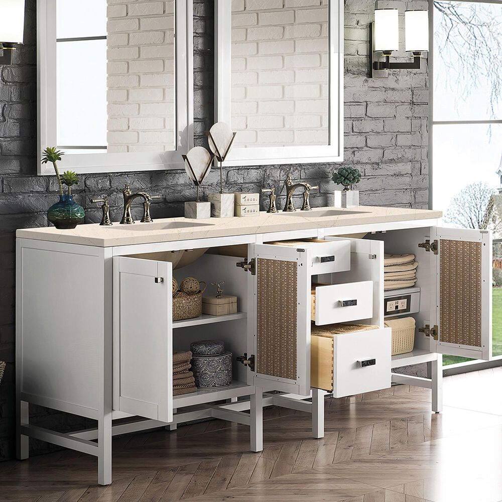 James Martin Vanities Addison 72&quot; Double Bathroom Vanity in Glossy White with 3 cm Eternal Marfil Quartz Top and Rectangular Sinks, , large