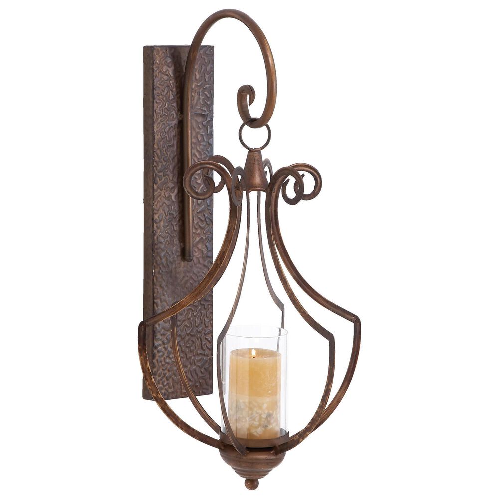 Maple and Jade 25&quot; Single Scroll Indoor/Outdoor Wall Mount Candle Holder in Weathered Bronze and Clear, , large