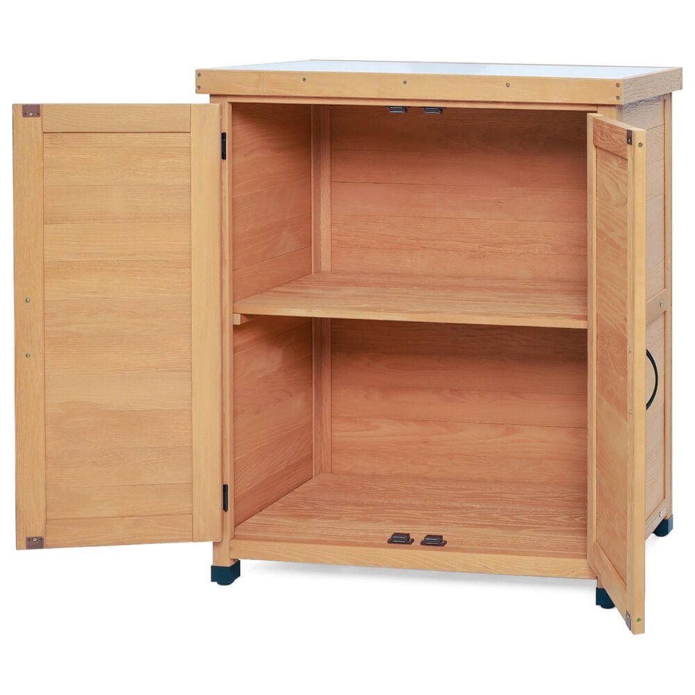 Hearth and Haven Outdoor Wooden Storage Cabinet with Metal Top and Adjustable Protective Footpad in Light Brown, , large
