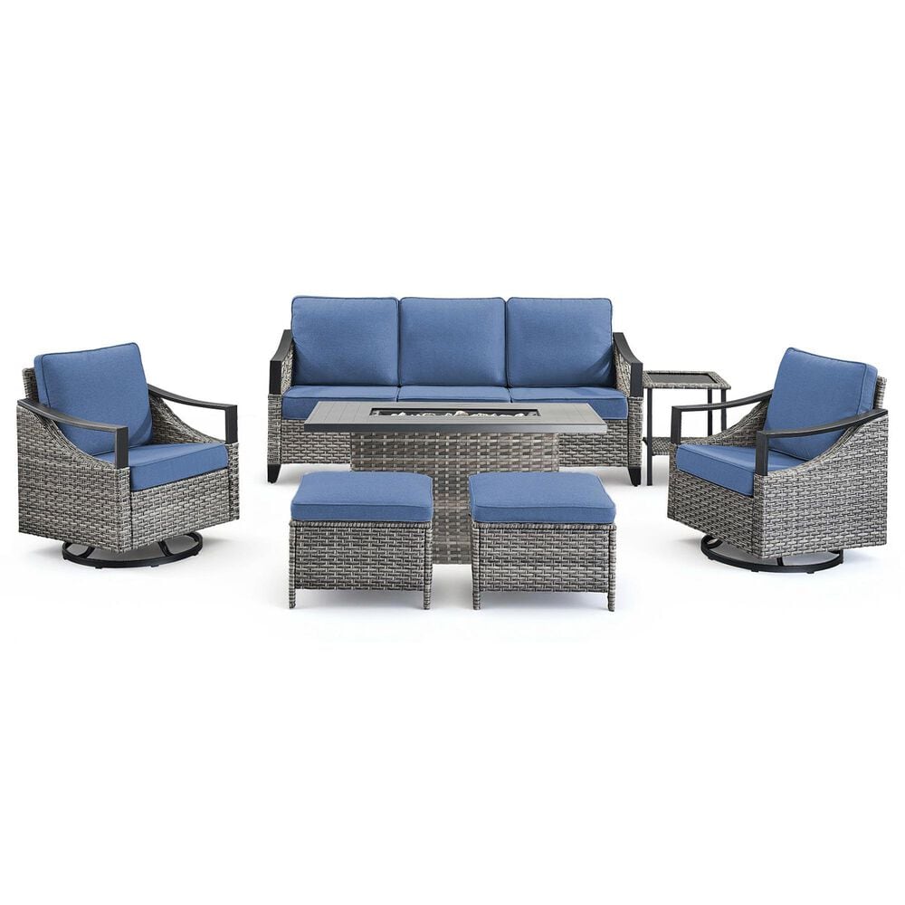 Sunwell Garden 7-Piece Patio Conversation Set with Fire Pit in Navy, , large