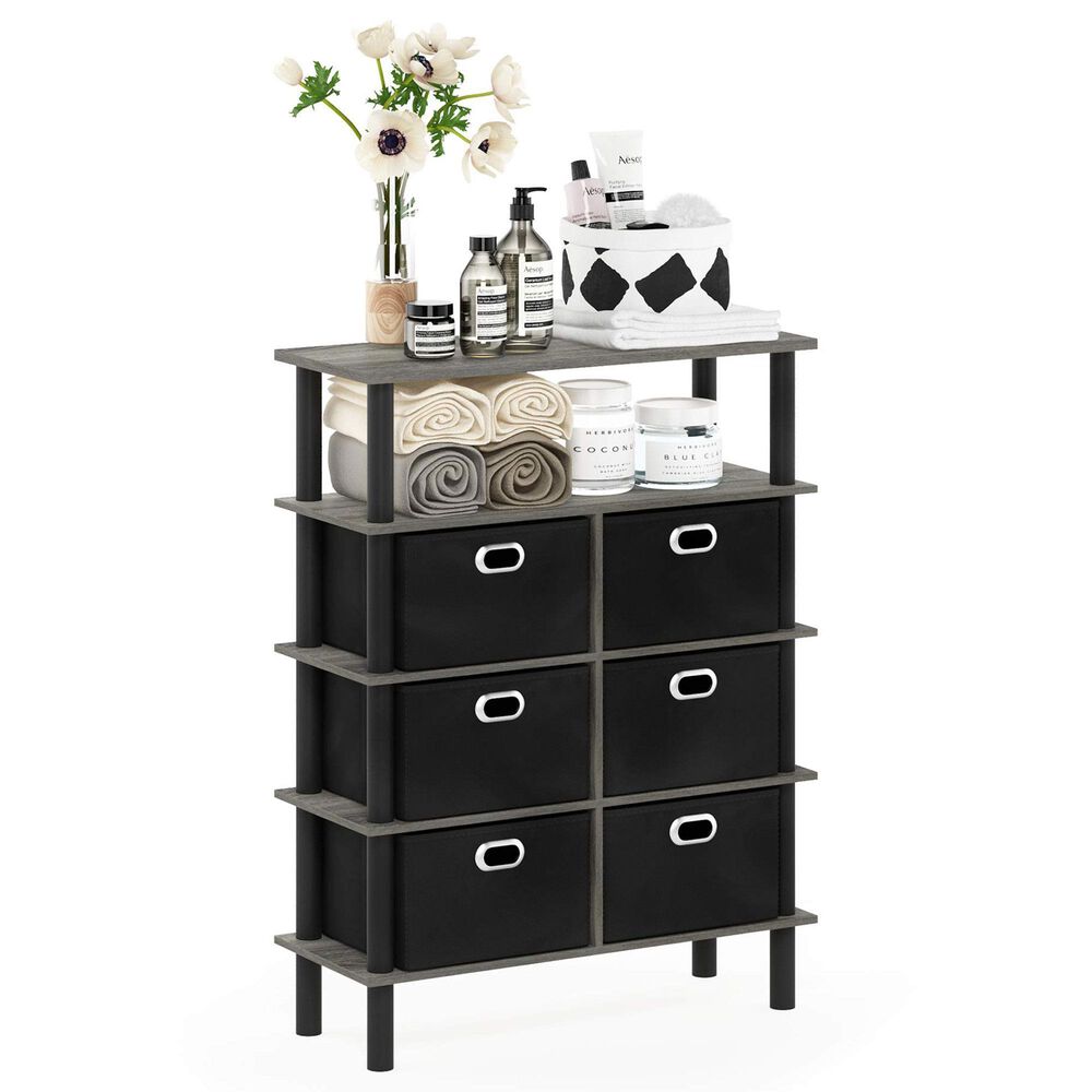 HOMLUX 5-Tier Modern Storage Bookshelf with 6 Storage Bins in French Oak Grey and Black, , large