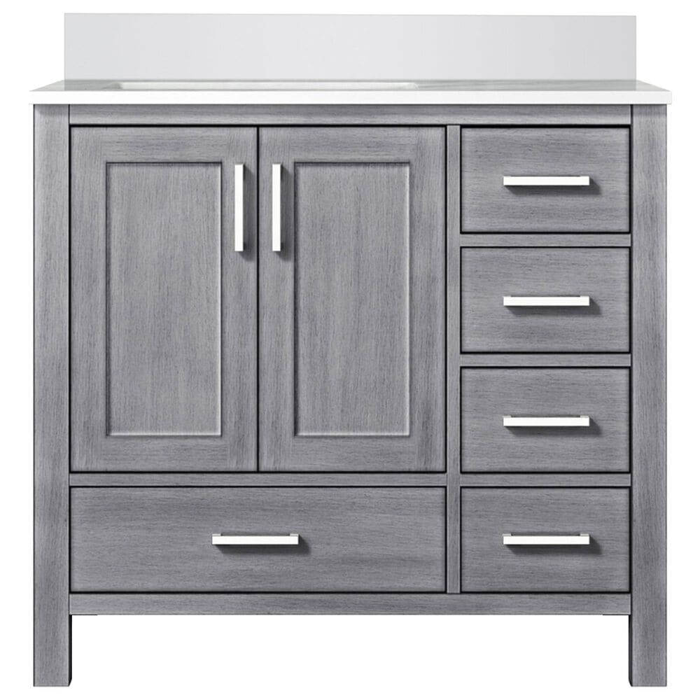 Lexora Home Jacques 36" Left Offset Single Bathroom Vanity in Distressed Grey with 2 cm White Cultured Marble Top and Rectangular Sink, , large