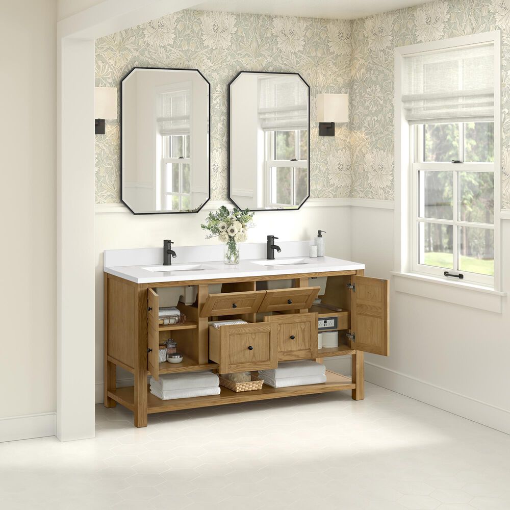 James Martin Vanities Breckenridge 60&quot; Double Bathroom Vanity in Light Natural Oak with Single Hole 3 cm White Zeus Quartz Top and Rectangular Sinks, , large