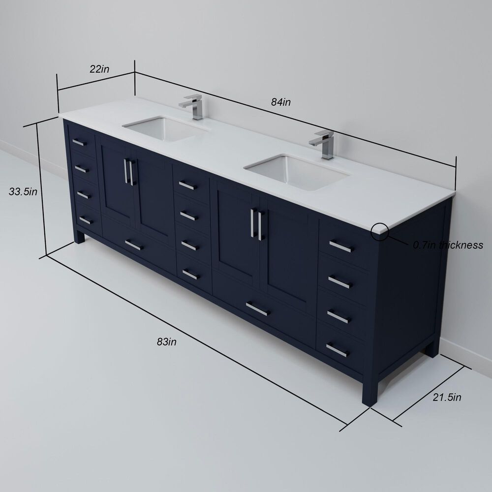 Lexora Home Jacques 84" Double Bathroom Vanity in Navy Blue with 2 cm White Quartz Top and Rectangular Sinks, , large