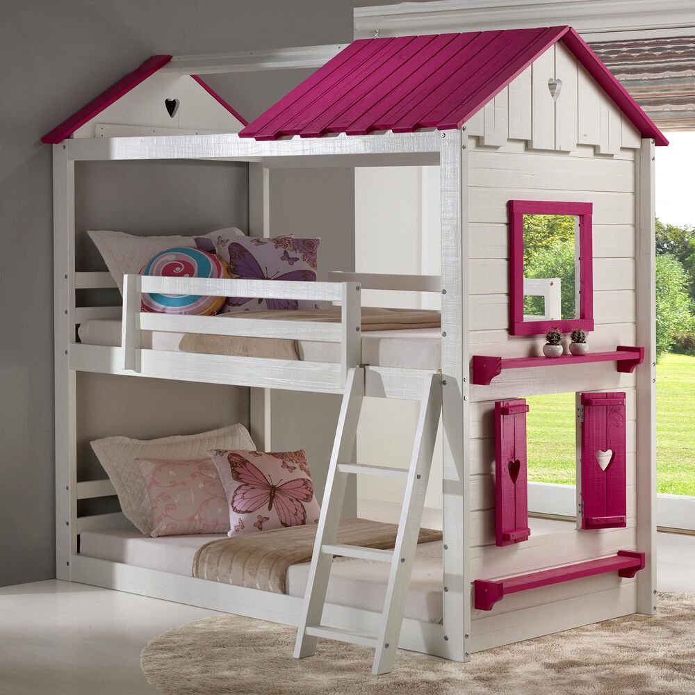 Forest Grove Sweetheart Twin over Twin Bunkbed in White and Pink, , large