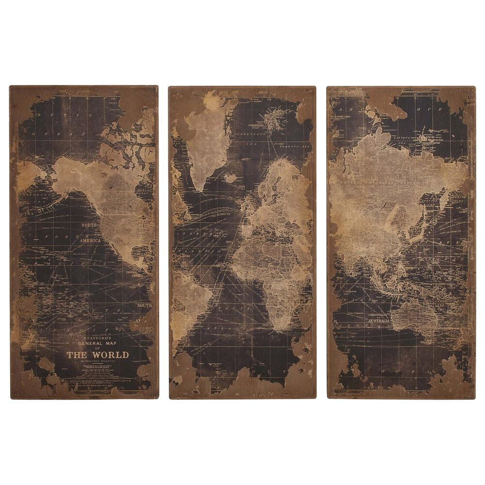Maple and Jade 47" x 22" Vintage World Map Wall Decor in Black, Beige and Brown, , large