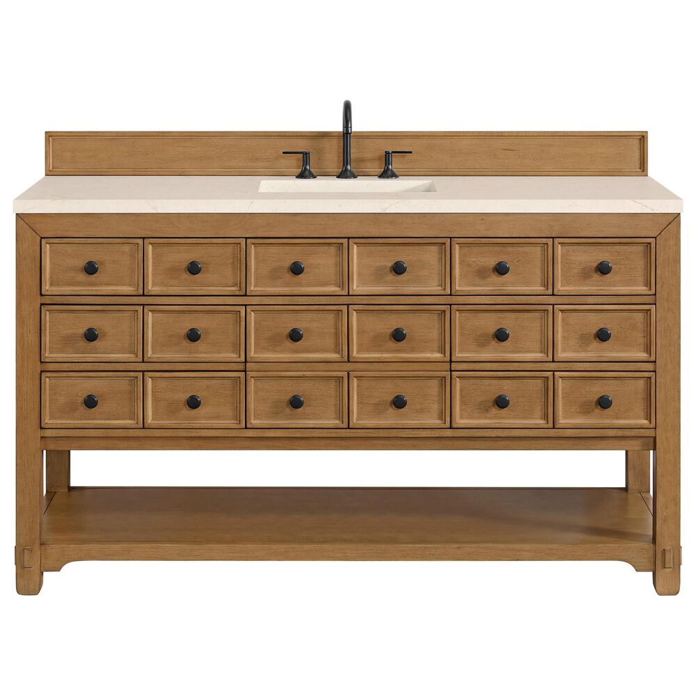 James Martin Malibu 60" Single Bathroom Vanity in Amber Birch with 3 cm Eternal Marfil Quartz Top and Rectangular Sink, , large