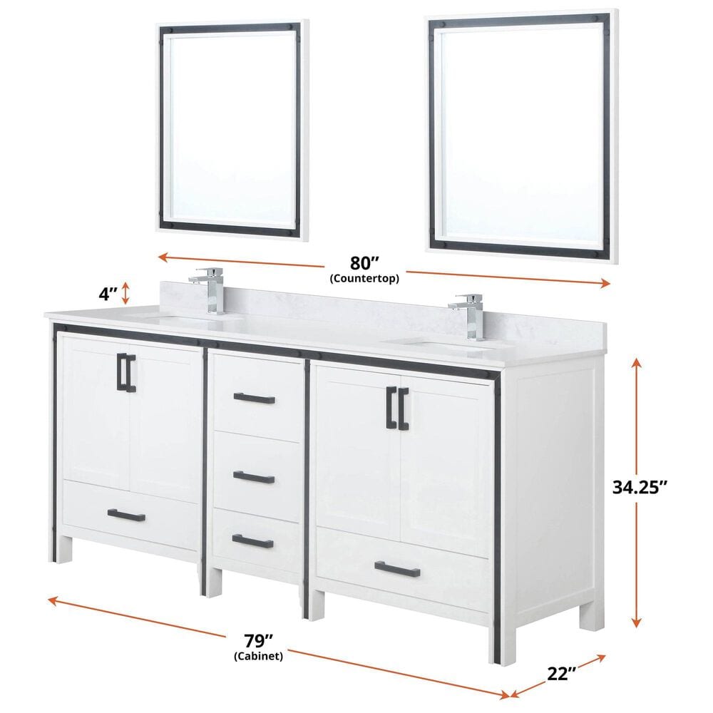 Lexora Home Ziva 80&quot; Double Bathroom Vanity in White with 2 cm White Quartz Top and Rectangular Sinks, , large