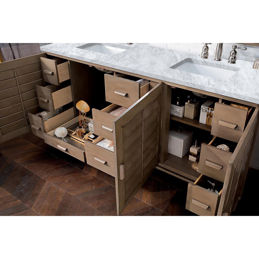 James Martin Vanities Portland 72&quot; Double Bathroom Vanity in Whitewashed Walnut with 3 cm Carrara White Marble Top and Rectangular Sinks, , large
