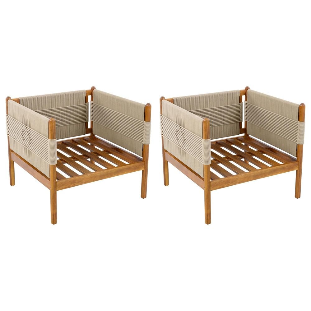 Hearth and Haven Outdoor Club Chair with Diamond Pattern Rope and Light Teak Frame in Cream (Set of 2), , large