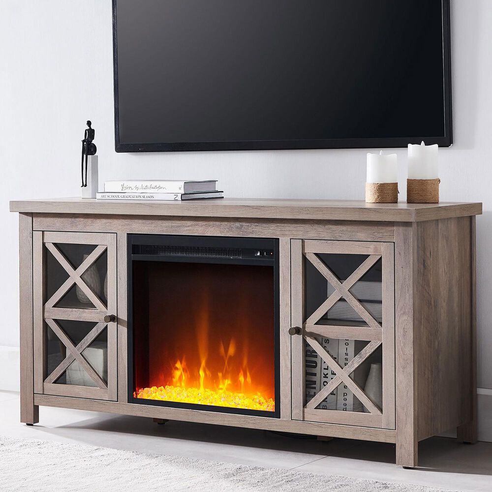 Hudson and Canal Colton TV Stand with Fireplace Insert in Gray Oak | NFM