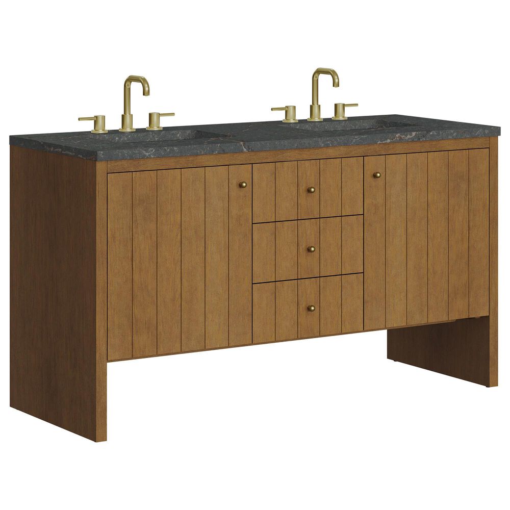 James Martin Hudson 60" Double Bathroom Vanity in Honey Oak with 3 cm Parisien Bleu Silestone Top, Rectangular Sinks and FreePower Wireless Charger, , large