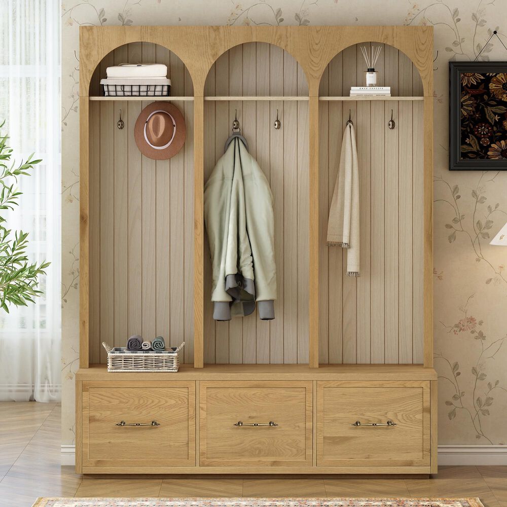 GigaCloud Wooden Hall Tree with Arched Design and Drawers in Natural and Oak, , large