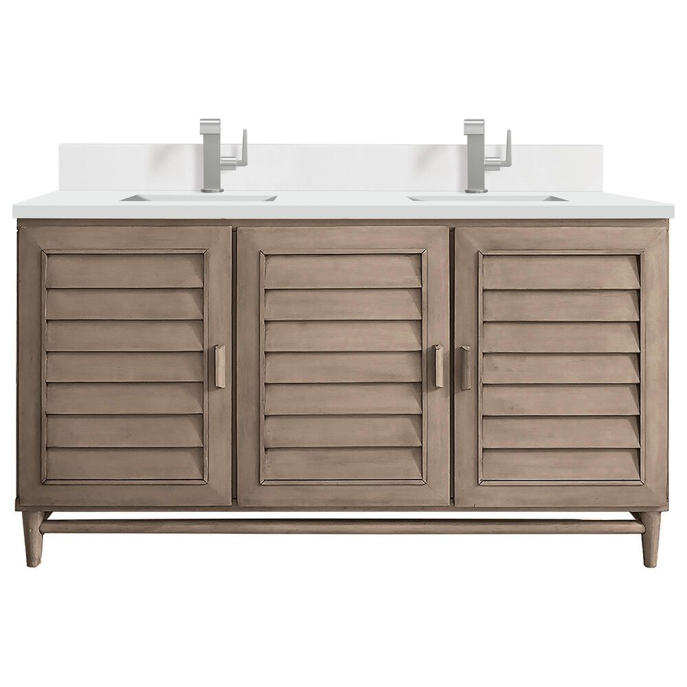 James Martin Vanities Portland 60" Double Bathroom Vanity in Whitewashed Walnut with Single Hole 3 cm White Zeus Quartz Top and Rectangular Sinks, , large