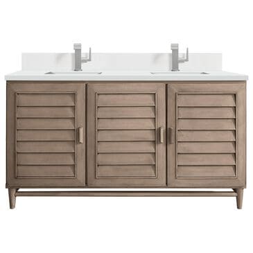 James Martin Vanities Portland 60" Double Bathroom Vanity in Whitewashed Walnut with Single Hole 3 cm White Zeus Quartz Top and Rectangular Sinks, , large