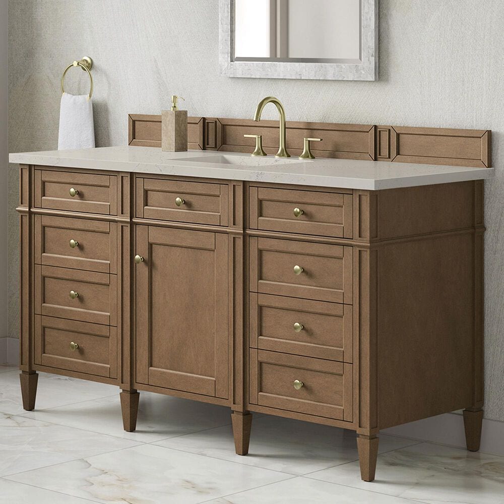 James Martin Brittany 60" Single Bathroom Vanity in Pecan with 3 cm Siberian Silestone Top, Rectangular Sink and FreePower Wireless Charger, , large