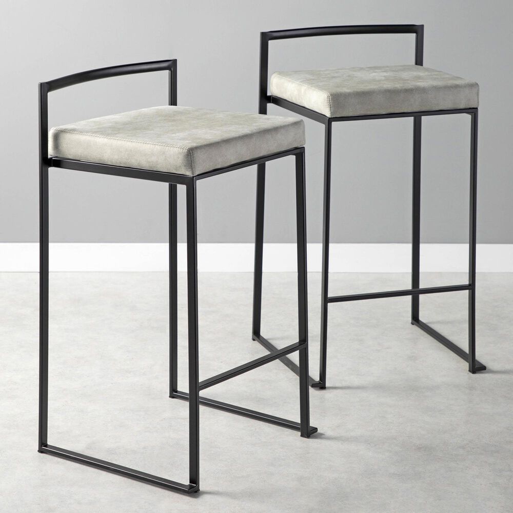 LumiSource Fuji 26" Stacker Counter Stool with Light Grey Cowboy Upholstery in Black (Set of 2), , large