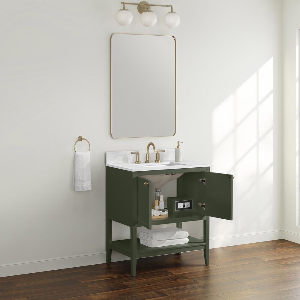 37B Ravello 30" Single Bathroom Vanity Cabinet in Deep Olive Green with Marble Top and Backsplash, , large