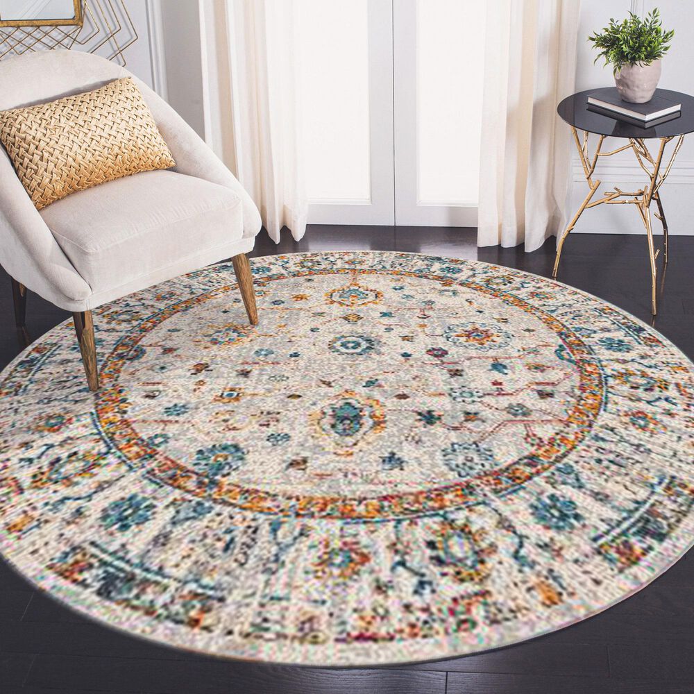 Amer Rugs Montana Traditional 7&#39;6&quot; Round Ivory and Orange Area Rug, , large