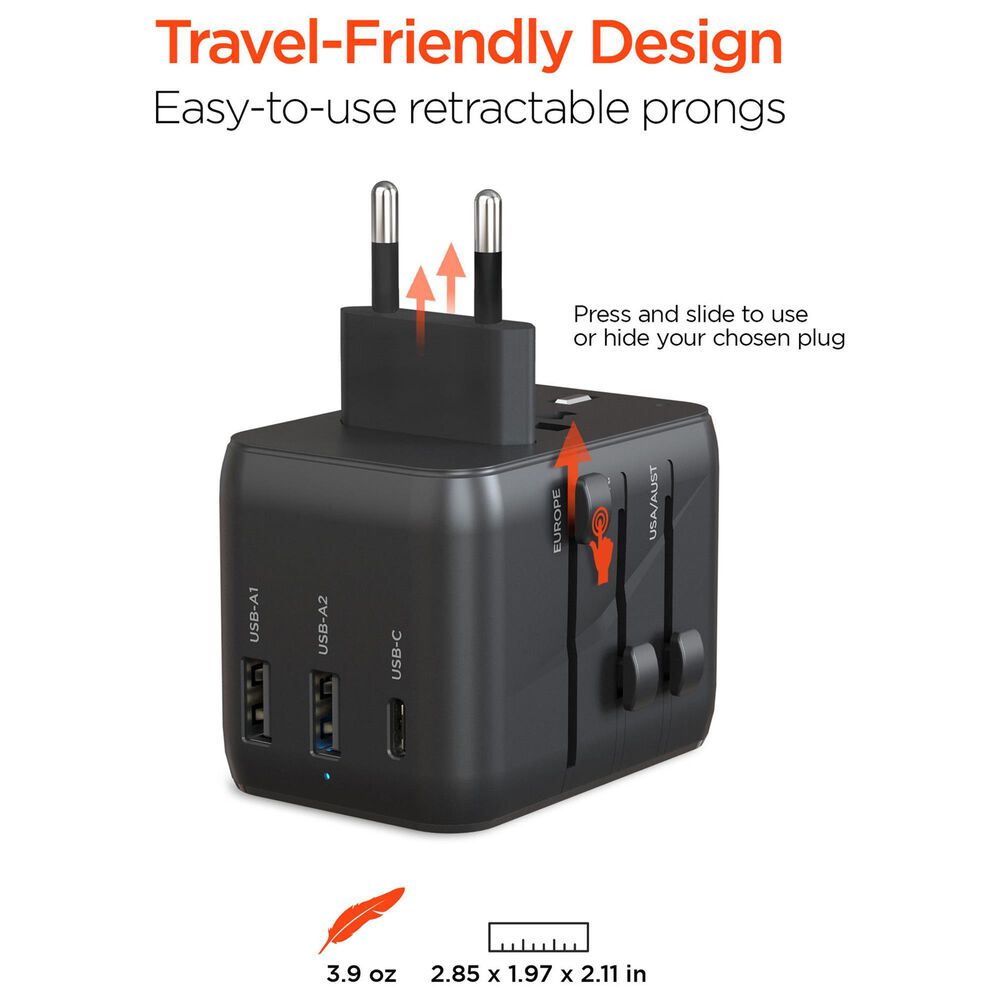 Hypercel WorldCharge Universal Travel Adapter with USB-C in Black, , large