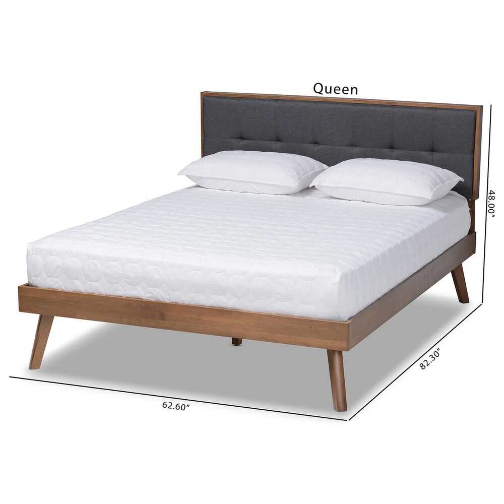 Baxton Studio Alke Queen Platform Bed with Dark Grey Fabric in Walnut Brown, , large