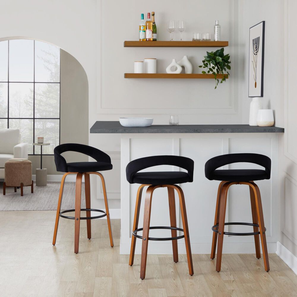 LumiSource Grotto Swivel Bar Stool with Black Velvet Upholstery in Walnut Wood and Black (Set of 2), , large