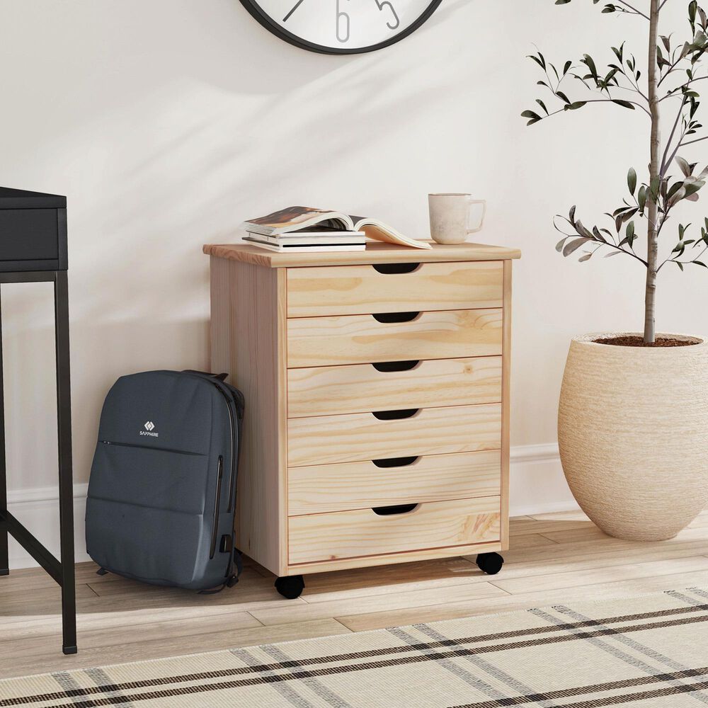 Linon Home Decor Cary 6-Drawer Wide Rolling Cart in Natural, , large
