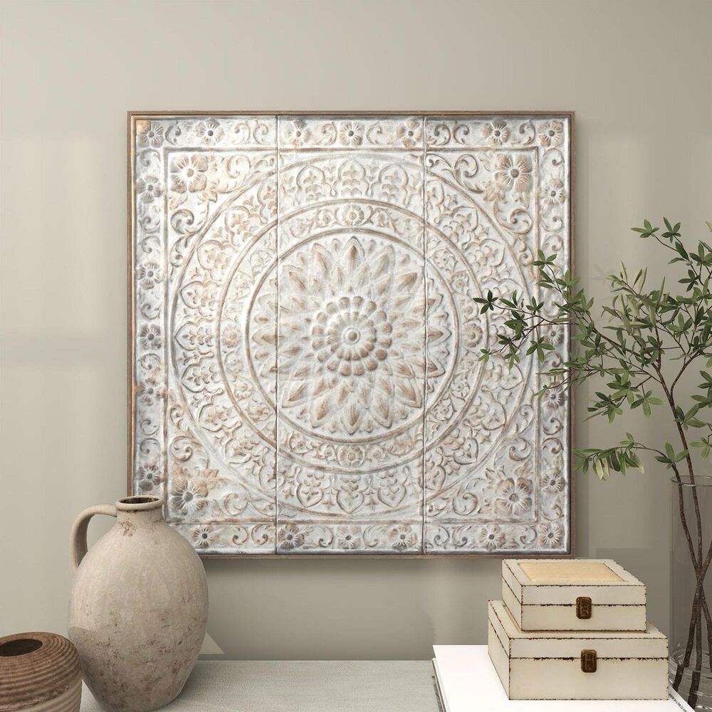 Maple and Jade 36&quot; x 36&quot; Square Embossed Floral Home Wall Decor in Weathered Gray and Dark Silver, , large