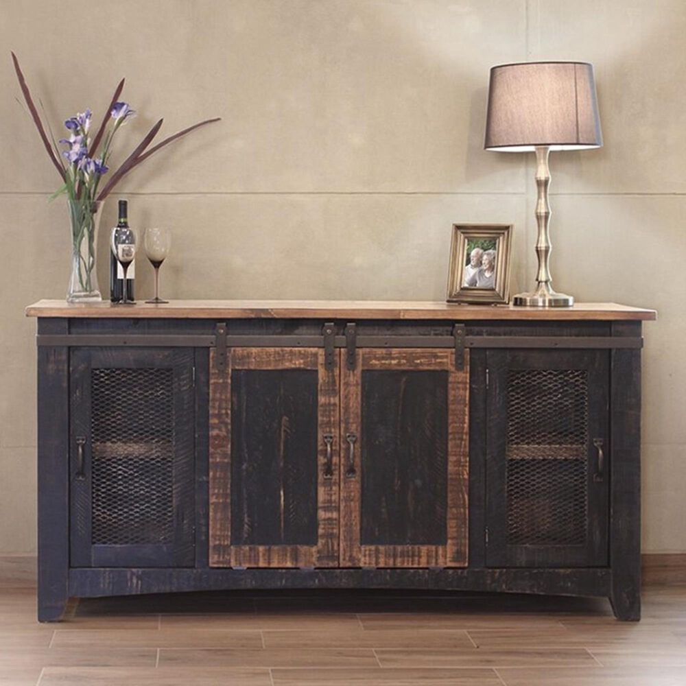 Fallridge Pueblo 70" TV Stand with 4-Door and Shelve in Black Rubbed, , large