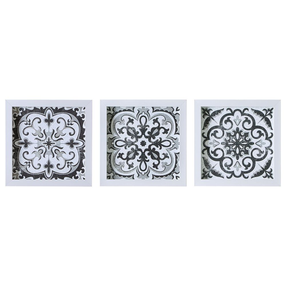 Hampton Park Montage Black/White Printed Distressed Tile Pattern Deco Box Wall Art 3 Piece 14x14" Set, , large