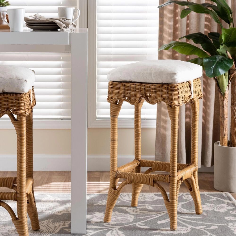 Baxton Studio Muy Scallop Rattan Bar Stool in Honey, , large