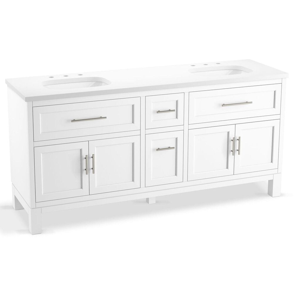 Kohler Quo 72" Double Bathroom Vanity in White with 3 cm Pure White Quartz Top and Oval Sinks, , large
