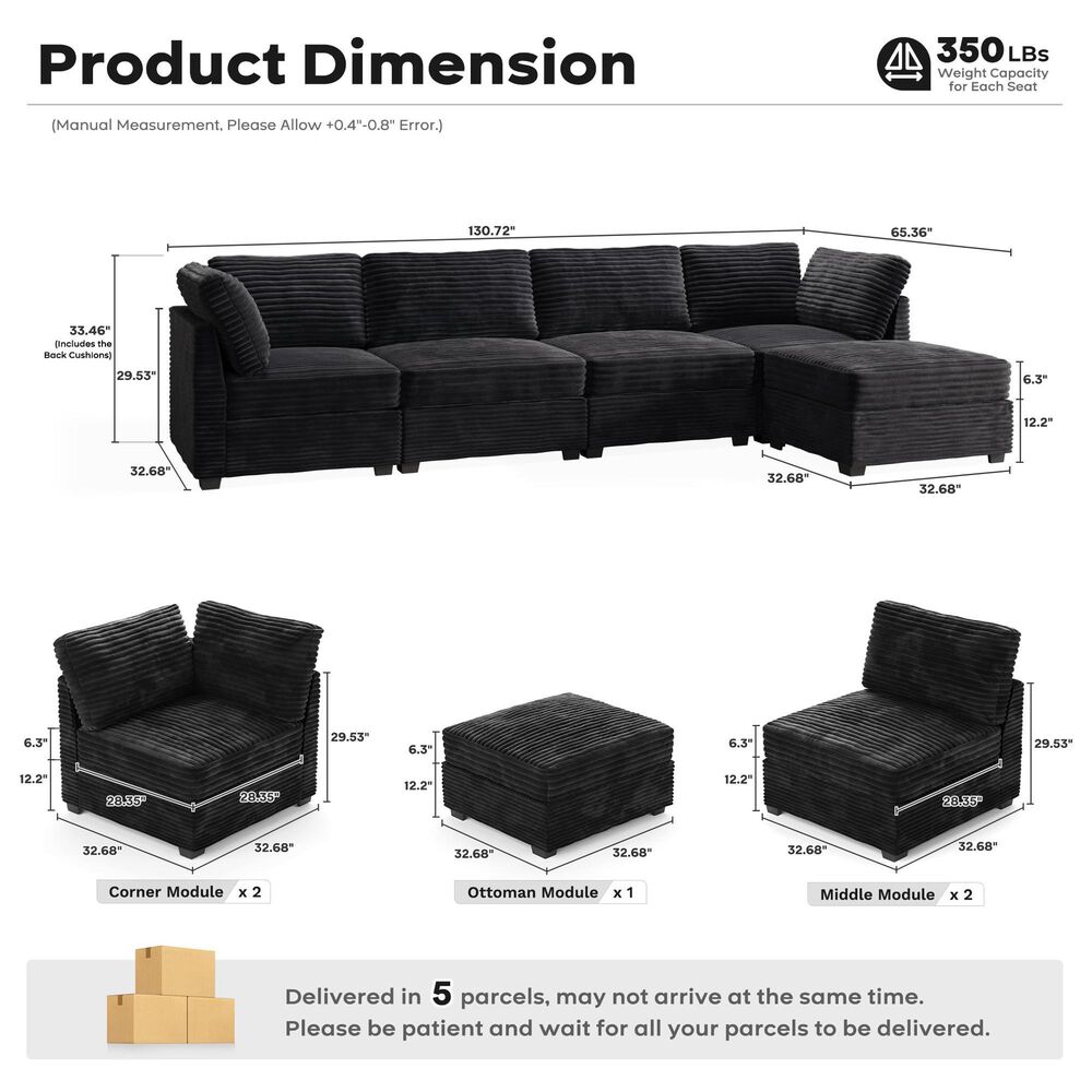 HOMLUX 5-Piece Mod Sectional with Ottoman in Black, , large