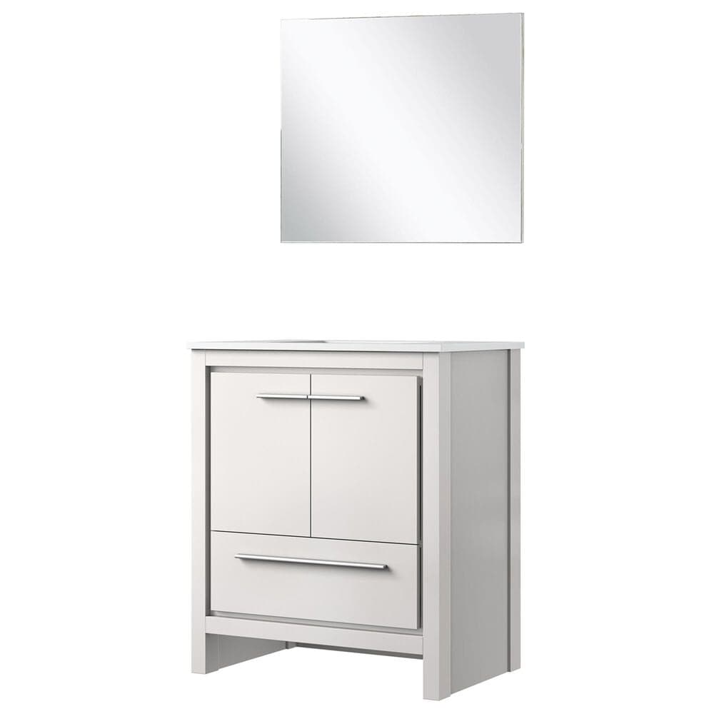 Lexora Home Lafarre 30" Single Bathroom Vanity in Rustic Acacia with 2 cm White Cultured Marble Top, Rectangular Sink and 28" Mirror, , large