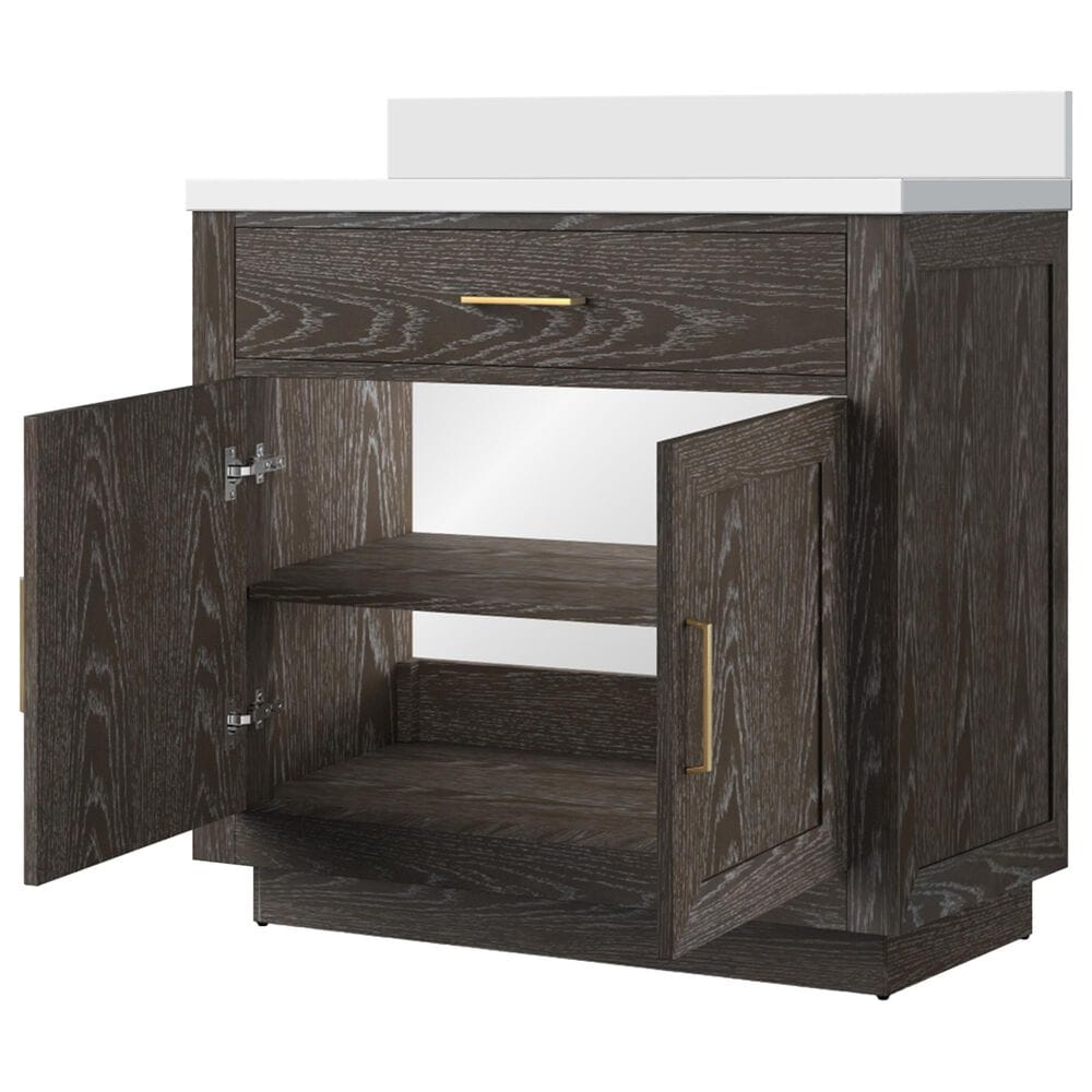 Lexora Home Abbey 36&quot; Single Bathroom Vanity in Brown Oak with 2 cm White Quartz Top and Rectangular Sink, , large