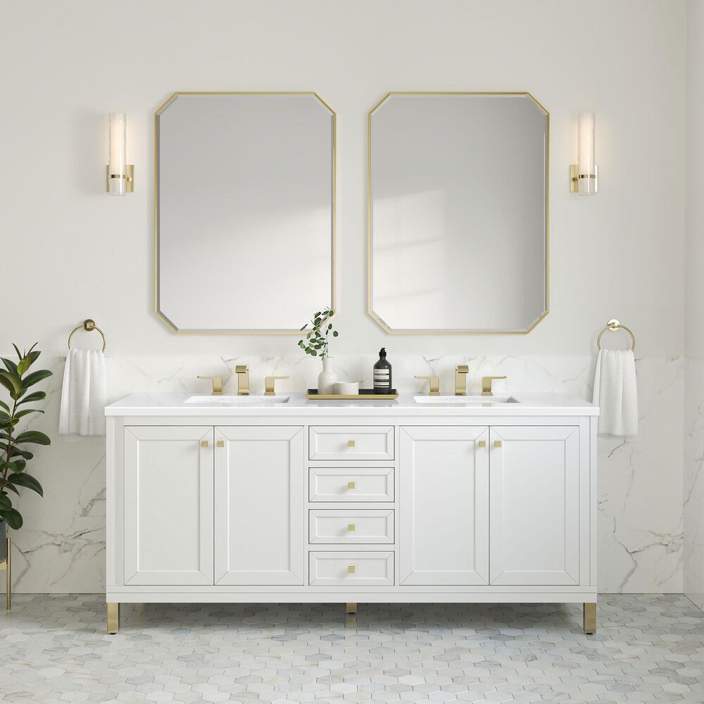 James Martin Vanities Chicago 72&quot; Double Bathroom Vanity in Glossy White with 3 cm White Zeus Quartz Top and Rectangular Sinks, , large