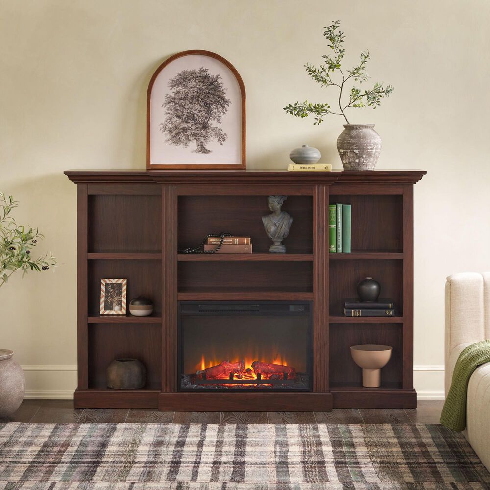 Walker Edison Cullen 70&quot; Electric Fireplace with Mantel and Shelves in Brown, , large