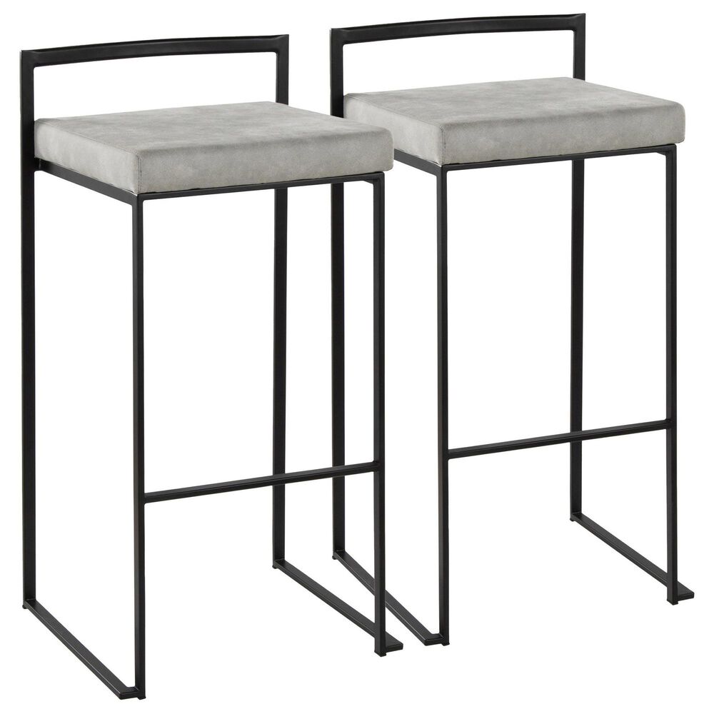 LumiSource Fuji 34" Stacker Bar Stool with Light Grey Cowboy Upholstery in Black (Set of 2), , large