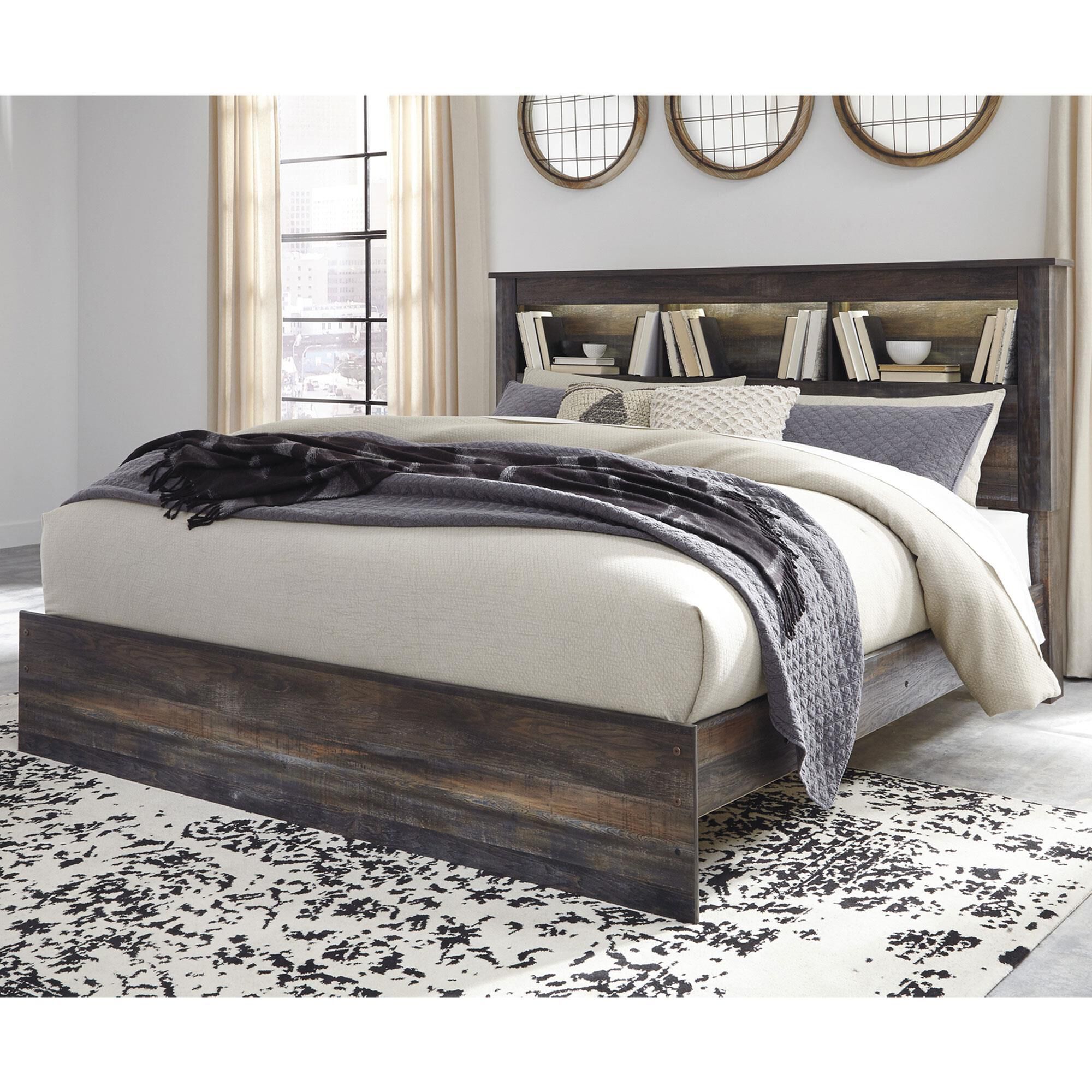 Ashley Drystan King Bookcase Bed in Rustic Brown with Lighting