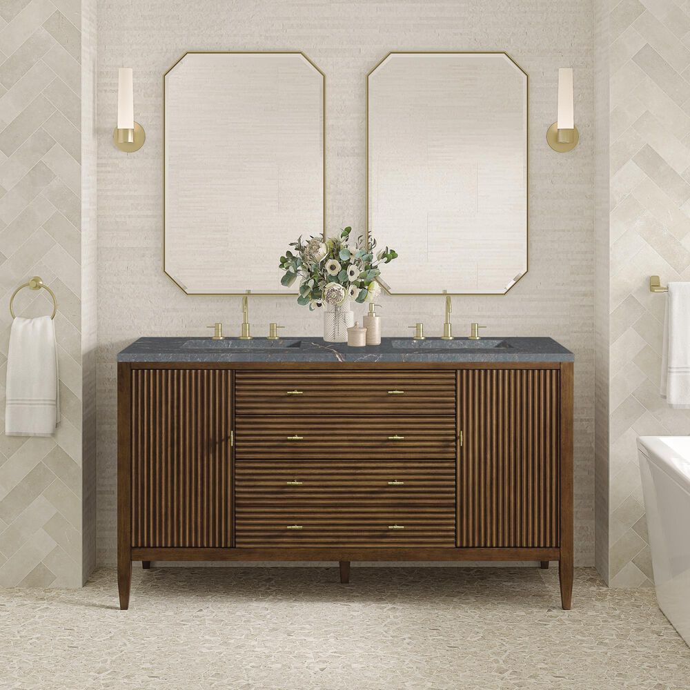 James Martin Vanities Myrrin 60&quot; Double Vanity in Mid Century Walnut with 3 cm Parisien Bleu Quartz Top, , large