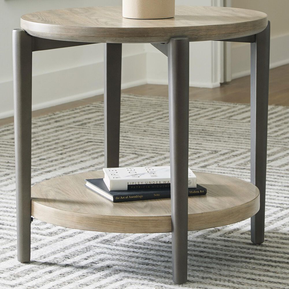 Ashley Dyonton Round End Table in Light Grayish Brown and Gunmetal, , large