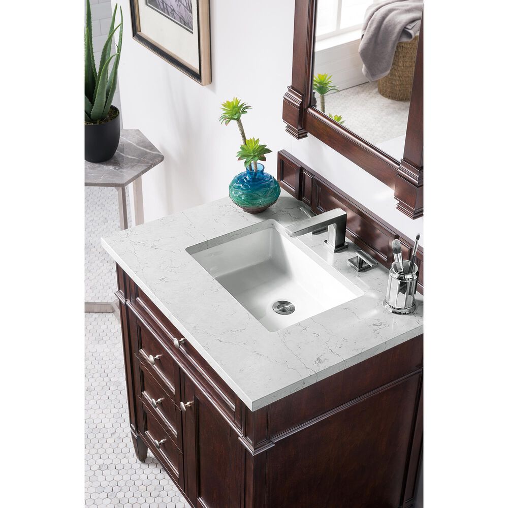 James Martin Vanities Brittany 30&quot; Single Bathroom Vanity in Burnished Mahogany with 3 cm Eternal Jasmine Pearl Quartz Top and Rectangle Sink, , large