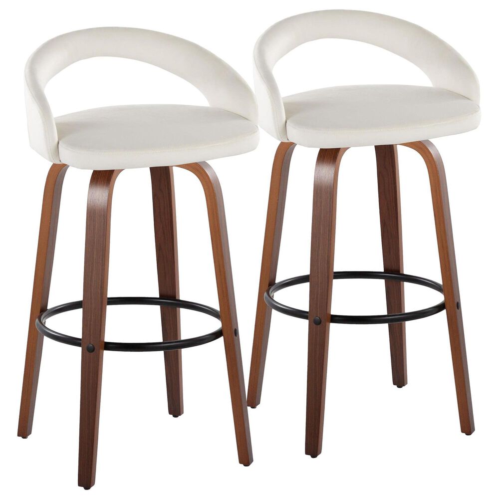 LumiSource Grotto Swivel Bar Stool with White Velvet Upholstery in Walnut Wood and Black (Set of 2), , large