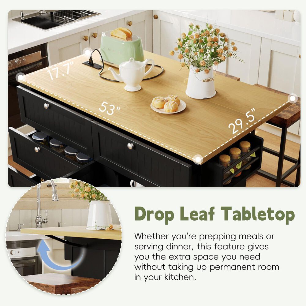 HOMLUX Farmhouse Kitchen Island with Drop Leaf and 2 Stools in Black, Natural and Rustic Brown, , large