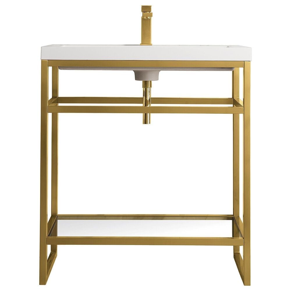 James Martin Vanities Boston 31.5" Single Bathroom Vanity in Radiant Gold with 3 cm White Glossy Resin Countertop and Rectangular Sink, , large