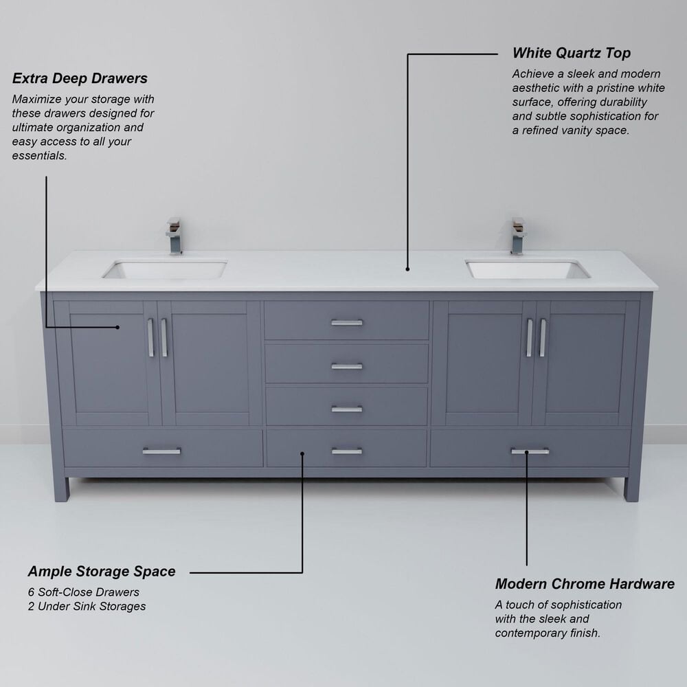 Lexora Home Jacques 80" Double Bathroom Vanity in Dark Grey with 2 cm White Quartz Top and Rectangular Sinks, , large