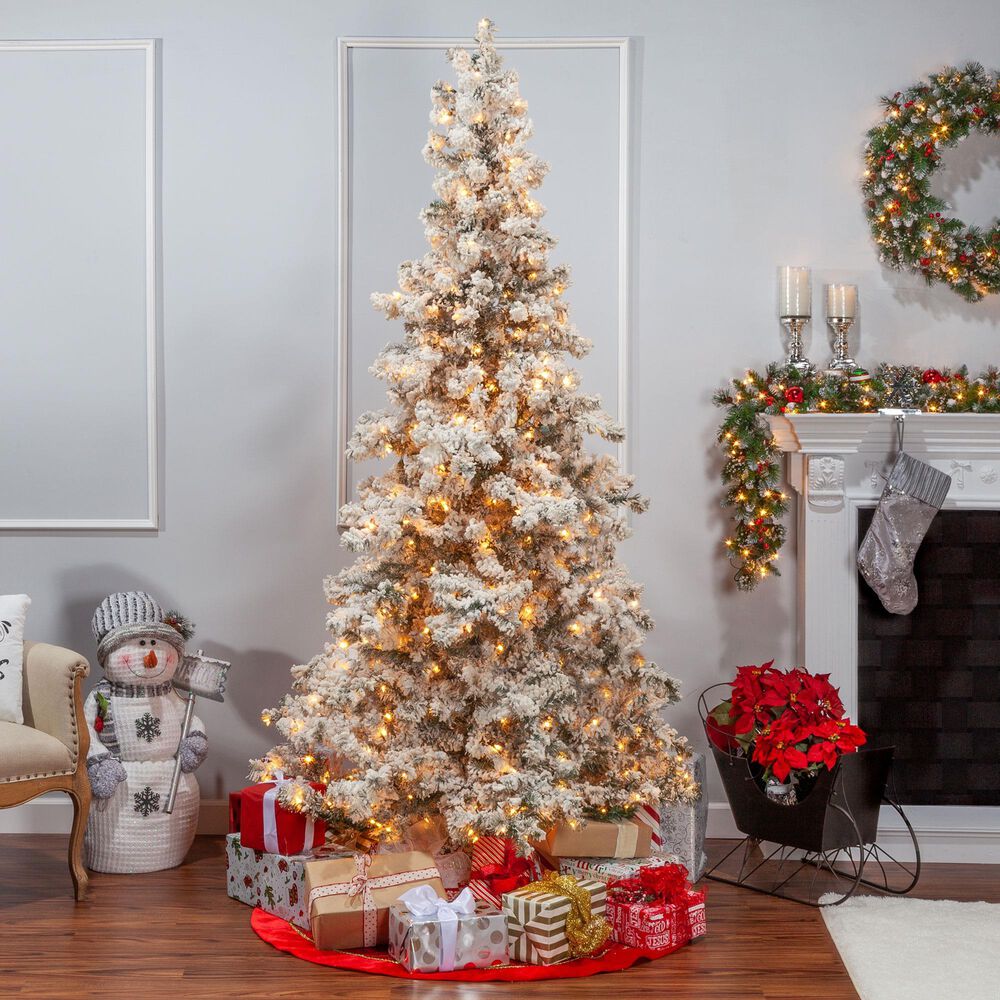 The Gerson Company 7.5&#39; Pre-Lit Artificial Heavy Flocked Layered Spruce with White Lights in Green, , large