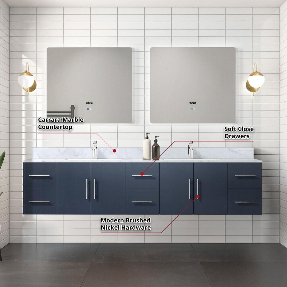 Lexora Home Geneva 84&quot; Double Bathroom Vanity in Navy Blue with 2 cm White Carrara Marble Top, Rectangular Sinks and 36&quot; LED Mirrors, , large